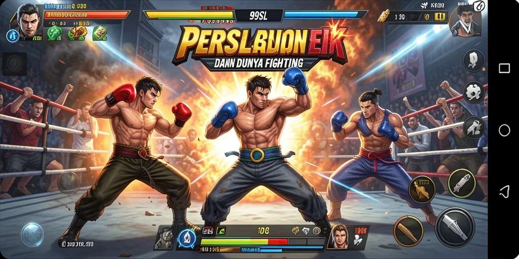 Screenshot utama 99SL menampilkan aksi pertarungan karakter yang dinamis.