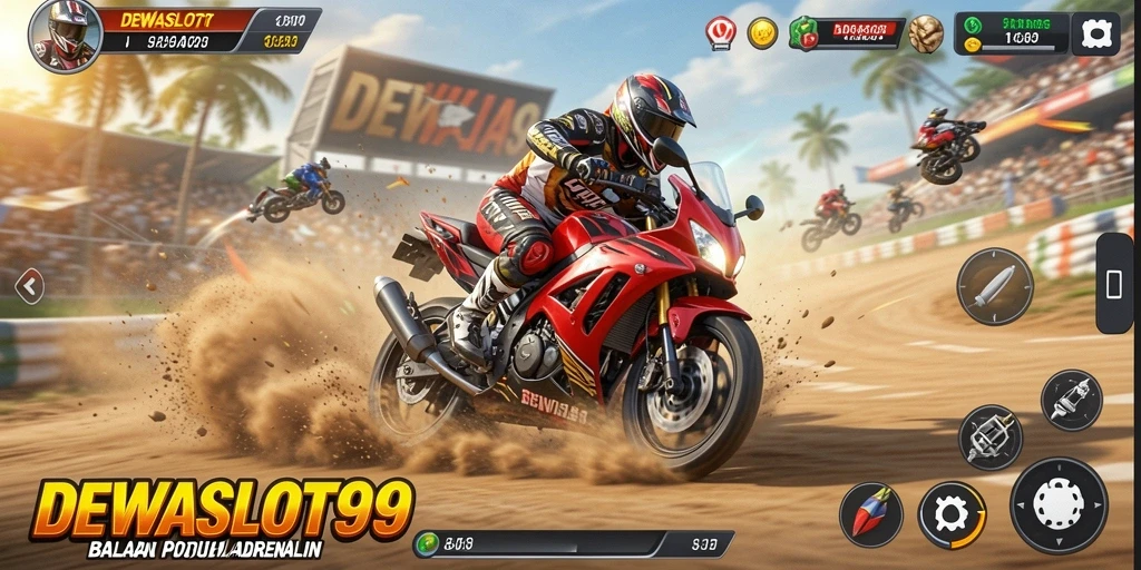 Screenshot gameplay DEWASLOT99 dengan balapan motor yang seru.