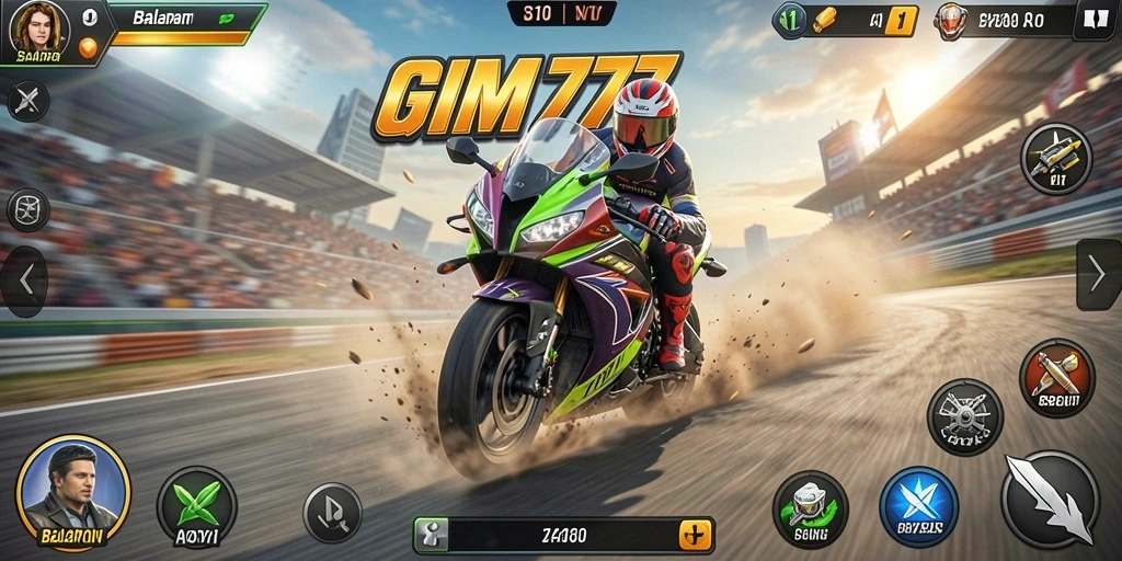 Tampilan gameplay seru dari GIM777 dengan motor balap di sirkuit.