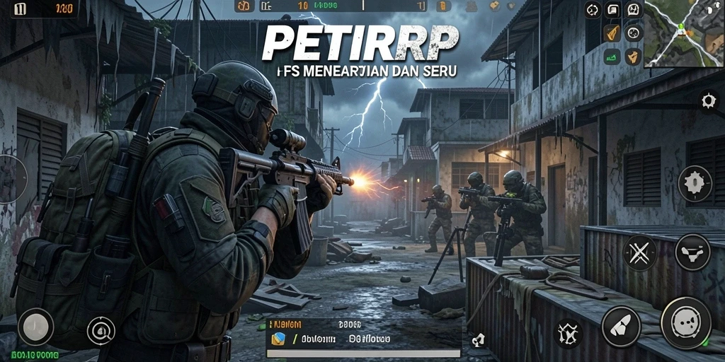 Screenshot menunjukkan aksi menembak intens dari gameplay PETIRRP.