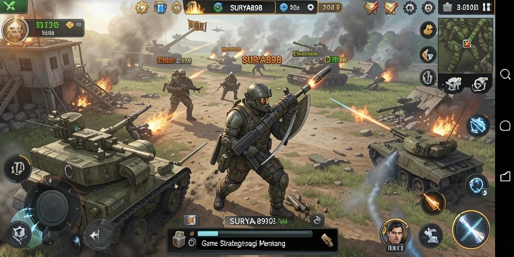 Tangkapan layar gameplay SURYA898 yang menunjukkan pertarungan strategi yang epik.