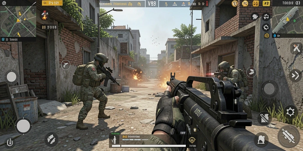 Screenshot V87 menampilkan aksi menegangkan dalam gameplay TPS.