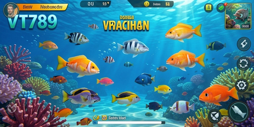 Tangkapan layar menunjukkan aksi menembak ikan yang seru di VT789.